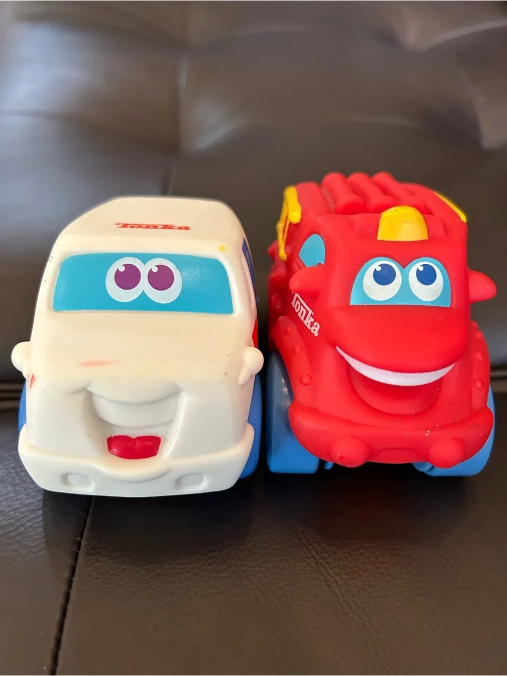 Tonka Red Fire Truck & White Toy Car with Blue Wheels